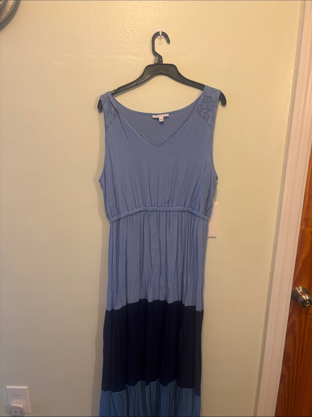 Notations Light Blue and Navy Sleeveless Tiered Maxi Dress